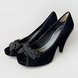Gianni Bini Women's Rhinestone Bow Black Velvet Open Toe Heels Shoes 10M VTG Y2K